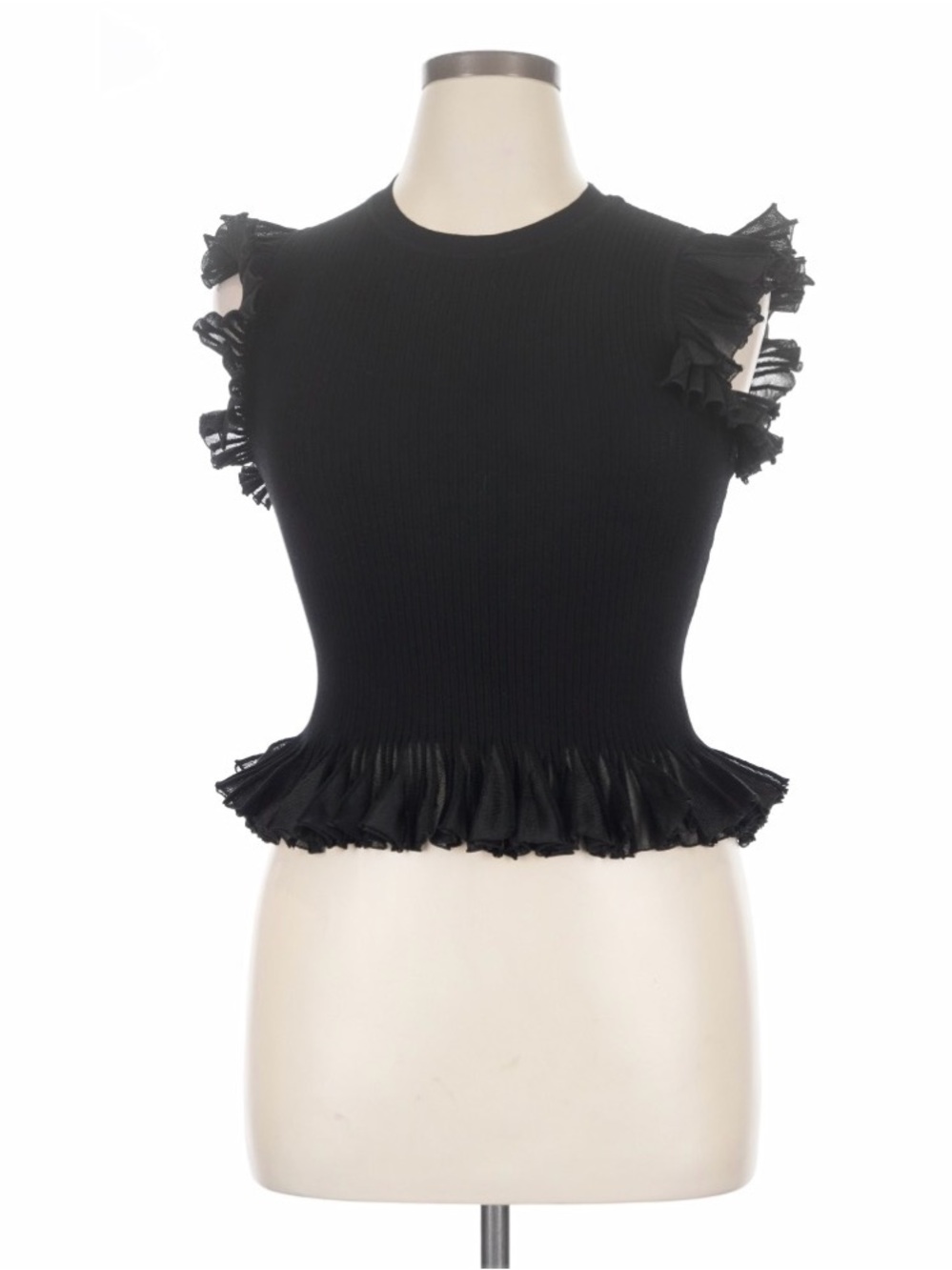 Ulla Johnson Leila Rib Top Noir Black Ruffle Peplum XL (002)